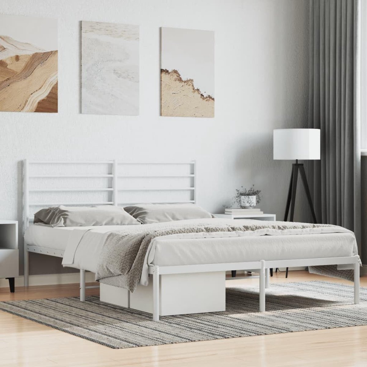 Bedframe met hoofdeinde, metaal, wit, 140 x 190 cm, bedframe voor woonkamer, slaapkamer, hotelbedframe, geschikt voor slaapkamer