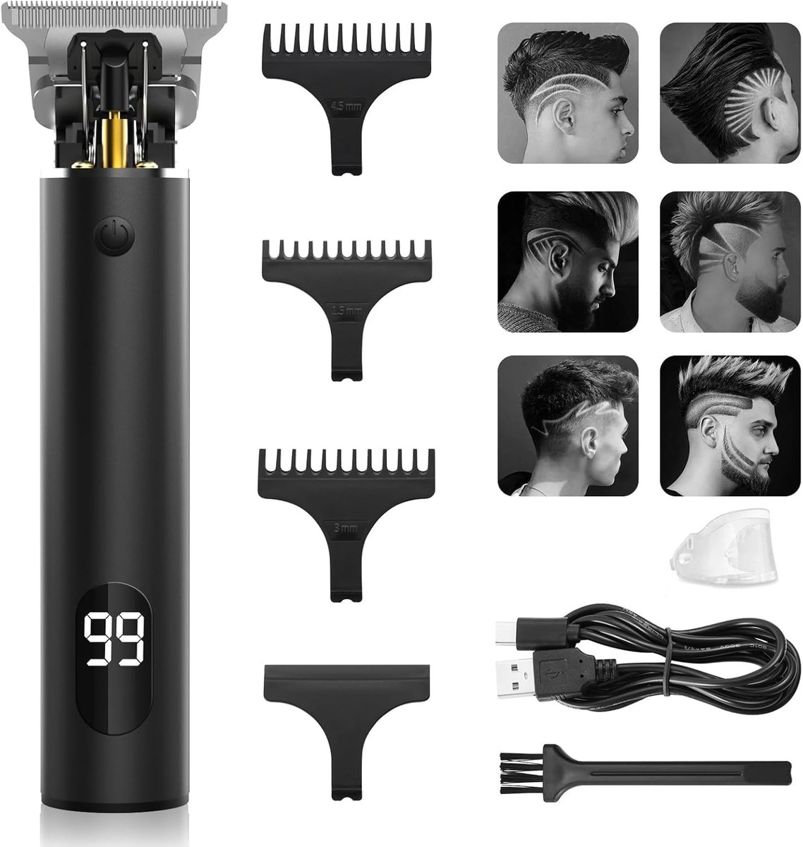 Tondeuse, baardtrimmer, scheerapparaat voor heren, elektrisch, haartrimmer, baardtrimmer, contourtrimmer, tondeuse voor mannen met 4 kammen en led-display