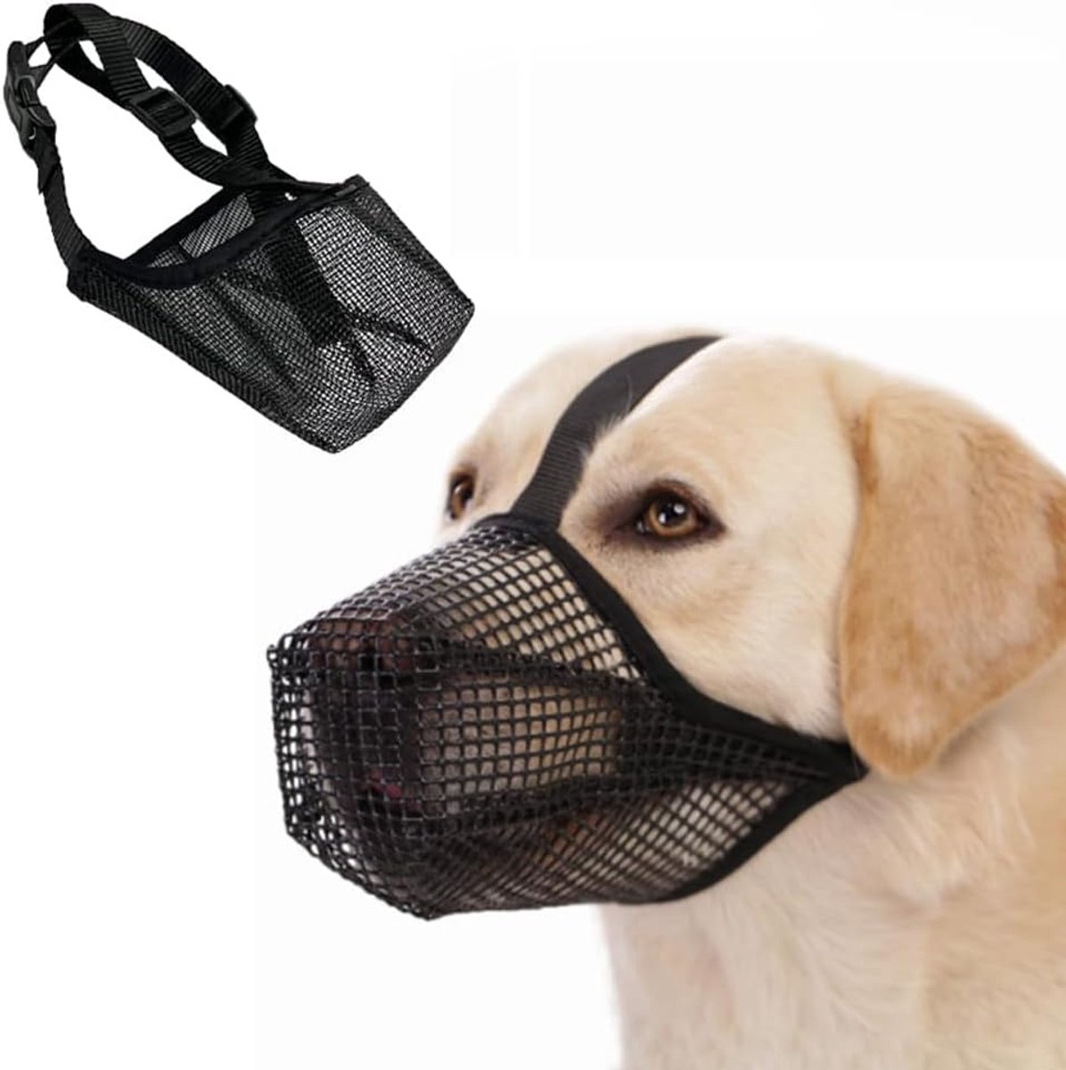 Zacht nylon muilkorf, ademend mesh trainingsmasker met afgerond gaas, voorkomt eten, bijten, blaffen, hondenmondbedekking voor bijten, blaffen, kauwen met verstelbare riemen (L)