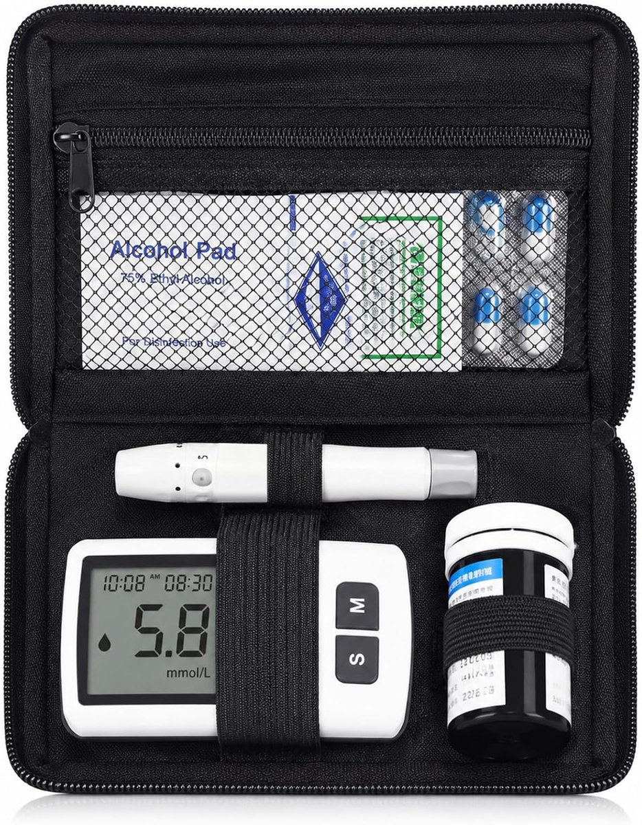 16 x 11,5 cm, diabetische tas en diabetische tas, bloedsuikerlezer tas met ritssluiting en riemen, compacte diabetische reistas