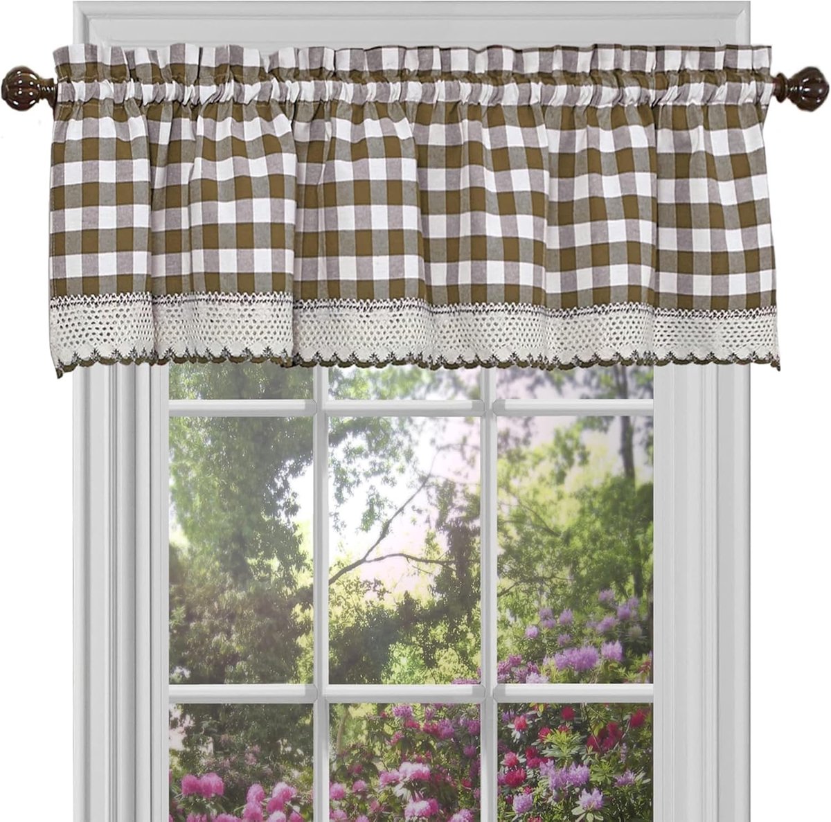 Home Decor Buffalo Volant-gordijnen, geruit, 14 cm breed, 35,6 cm lang, taupe bruin en ivoorwit geruit, lichtfilterende boerderijgordijnen voor slaapkamer, woonkamer en eetkamer