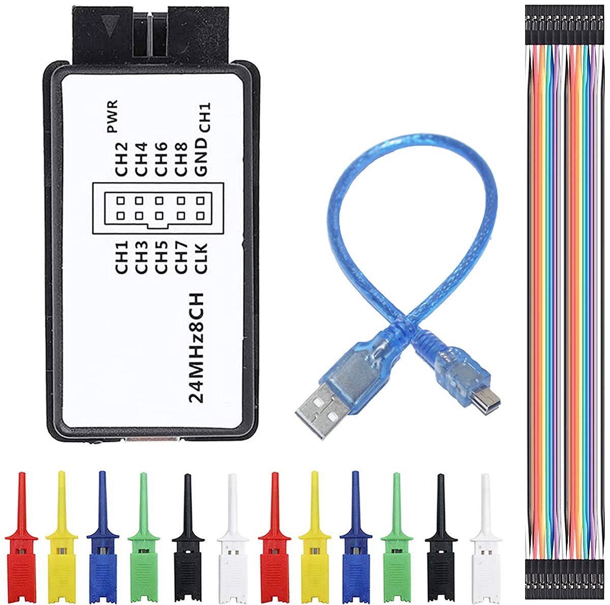 USB Logic Analyzer Apparaat 24 MHz 8CH 8 Kanaals UART IIC SPI Debug met mini usb-kabel DuPont Kabel 6 kleuren Test Hook Clip Set voor Arduino FPGA M100 SCM