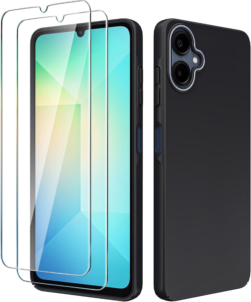 Compatibel voor Samsung Galaxy A06 hoesje met 2 schermbeschermers van gehard glas, anti-kras valbescherming, schokbestendig, dun, hard PC achterkant telefoonhoesje - zwart