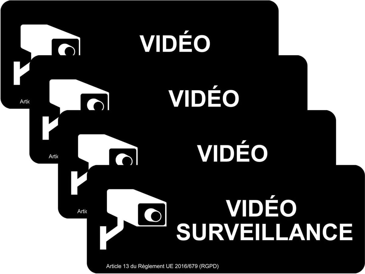 Set van 4 videobewakingsborden - zelfklevende vinylsticker (180 mm x 70 mm)