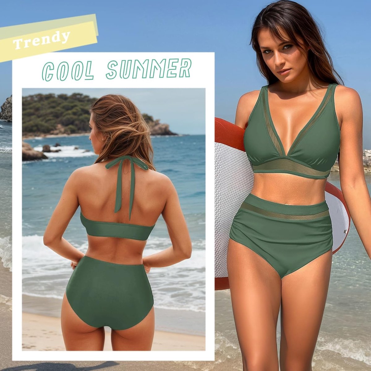 Sets voor dames, hoge taille, 2-delig, push-up-badpak, met zachte bekleding, tweedelig, V-hals, buikcontrole, strandbikini, zomer, buik-weg