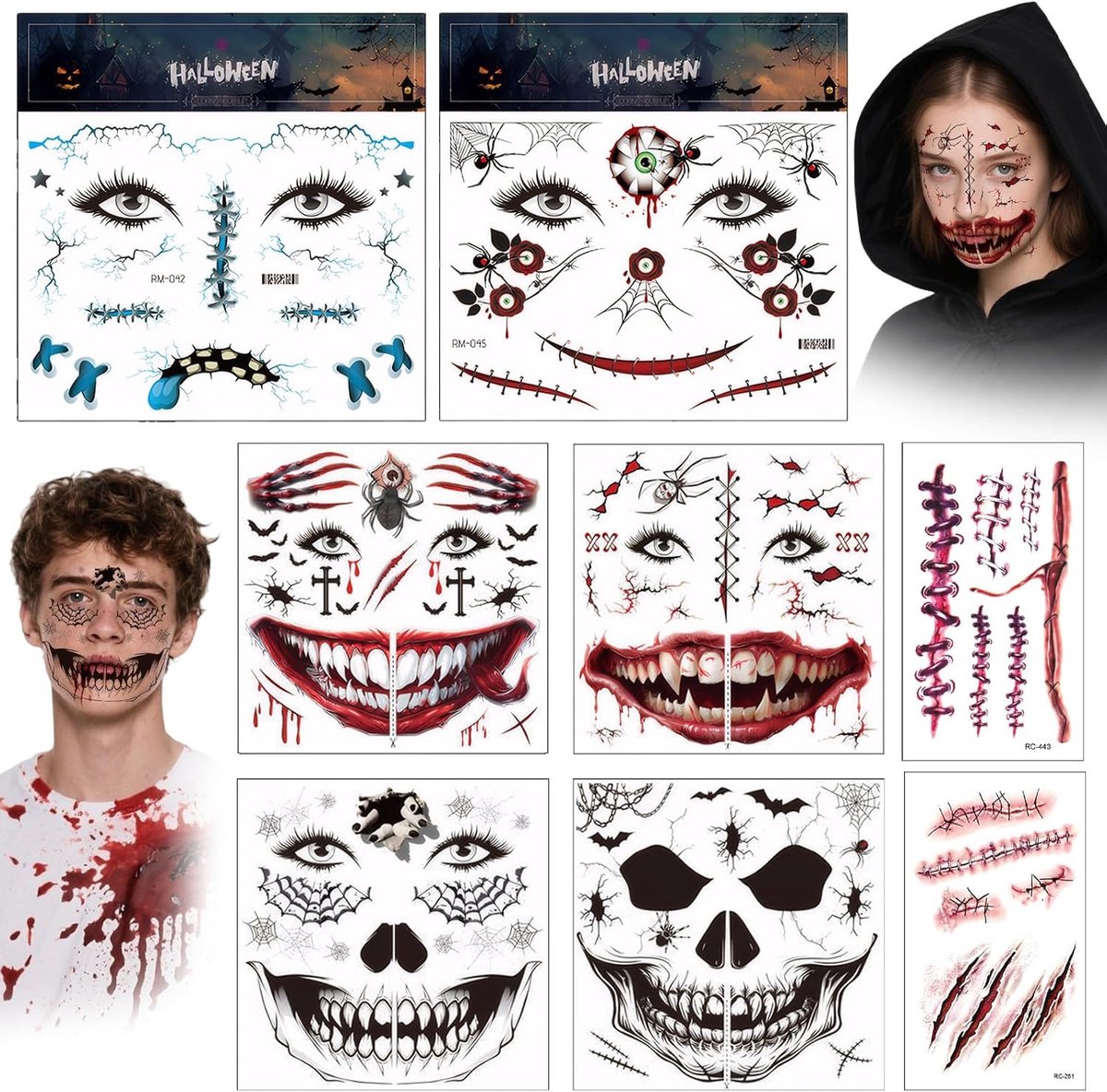 Spinnen Tatoeages Set - 8 Stuks - Duistere Ontwerpen - Spinnenweb, Schedel, Vervormde Geesten - Voor Volwassenen & Kinderen - Perfect voor Halloween, Feestjes en Cosplay