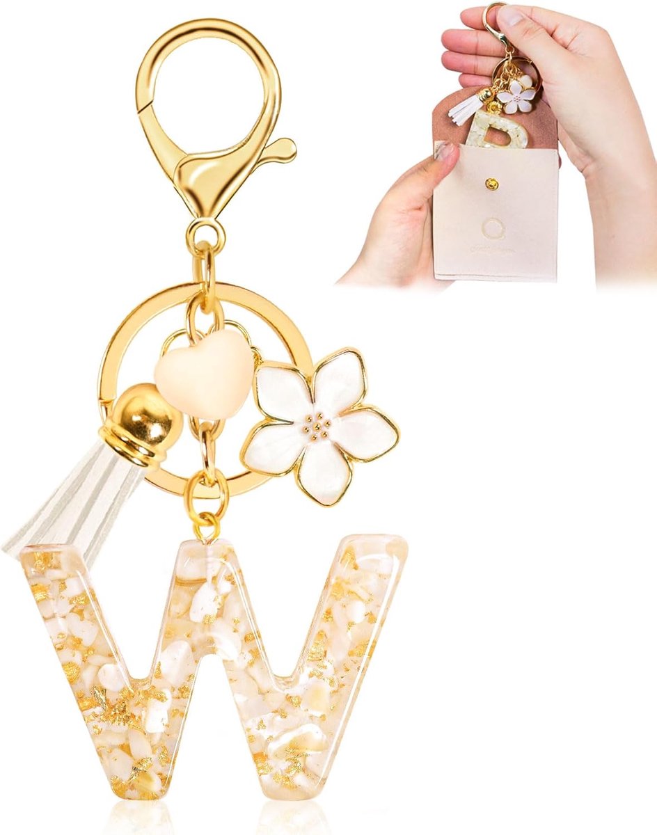 Sleutelhanger met letterhanger, sleutelhanger met beginletters, hartvormig, meisjes, sleutelhanger met bloem, cadeau voor meisjes, beige-w