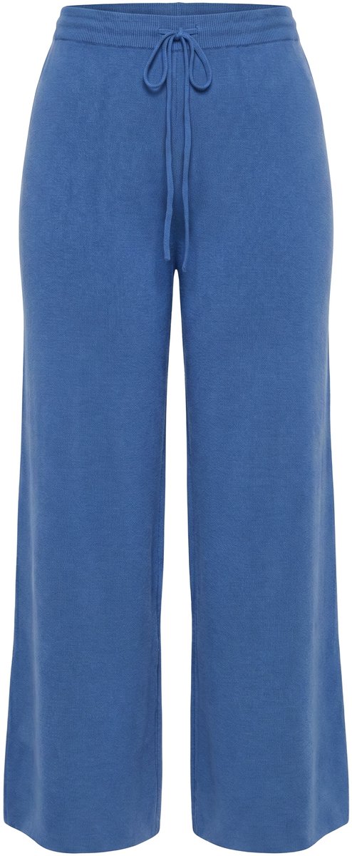 Ulla Popken - Dames - Gebreide broek wijde rechte pijpen geribde tailleband - Azuurblauw - Maat 50+