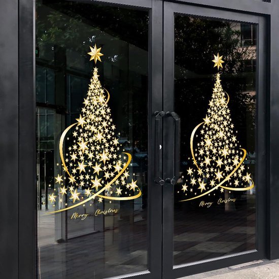 Twee gouden kerstbomen van sterren met kransen en "Merry Christmas" op glazen deuren.