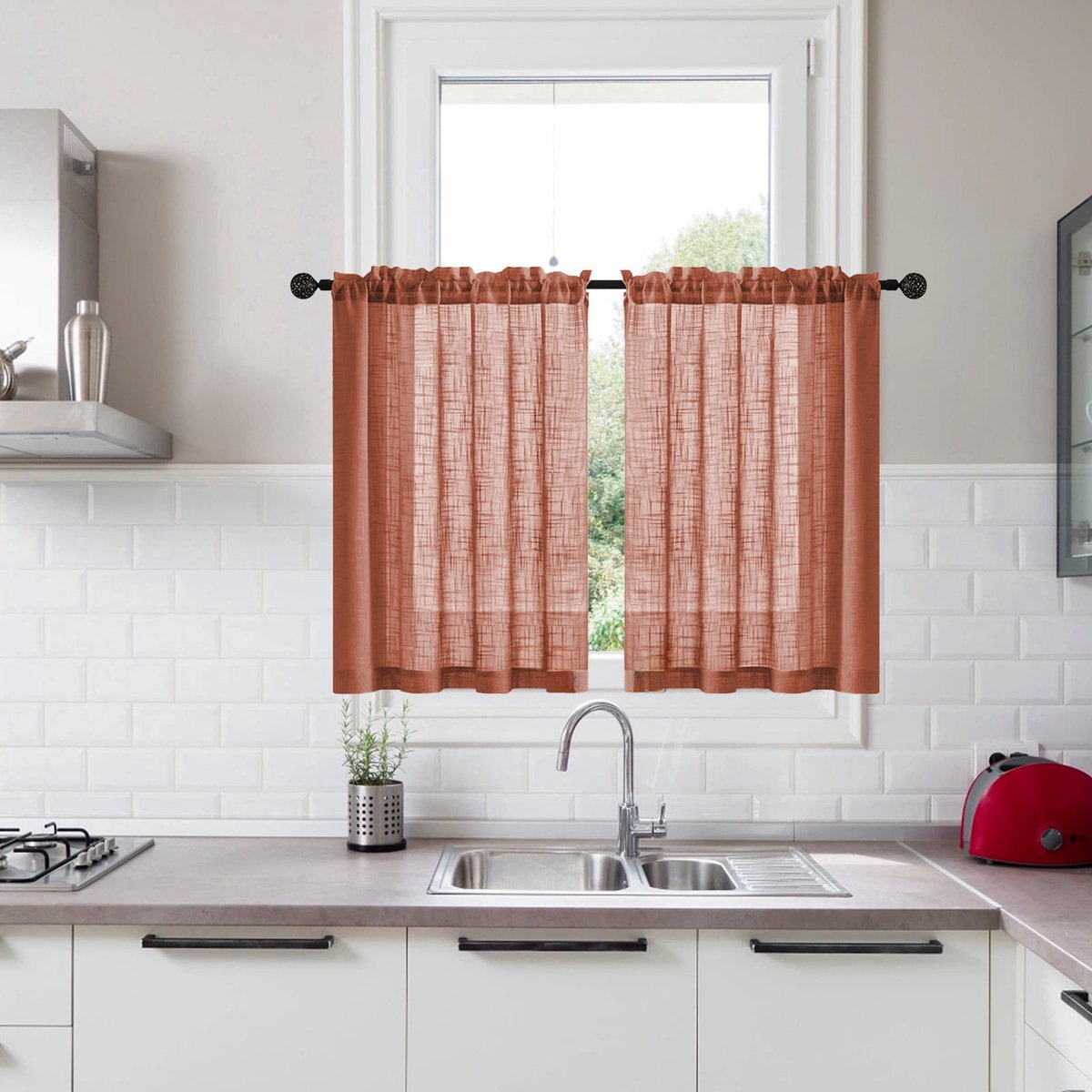 Ulisem Korte Vintage Vitrage Gordijnen - Set Van 2 - Half Transparant - Lichtdoorlatend - Voor Keuken Badkamer Slaapkamer - Groen - 63,5 X 78 Cm - Wasbaar - Polyester - Landelijke Stijl - Raamdecoratie