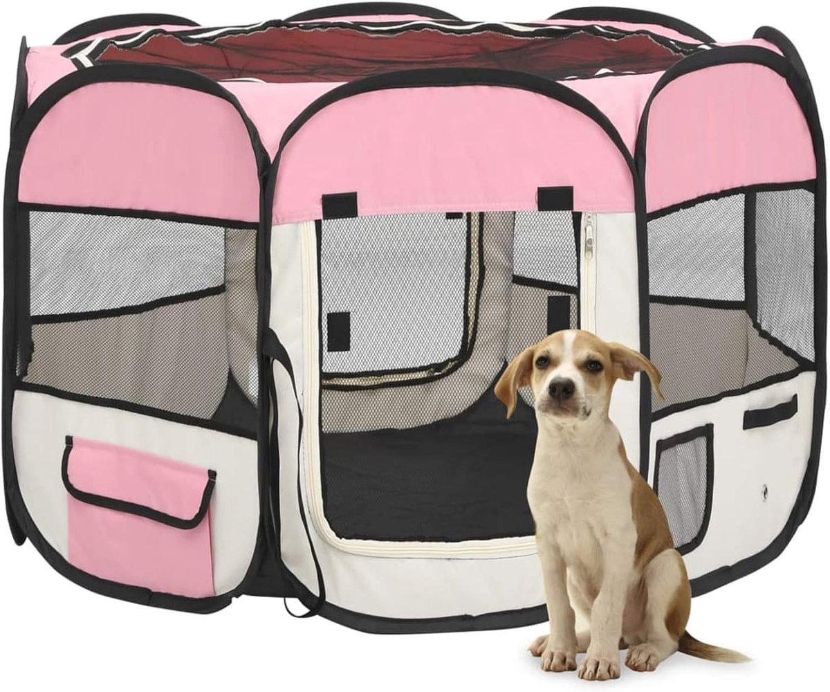 Puppyuitloop met draagtas opvouwbaar puppyren dierenloopstal voor honden konijnen cavia's katten voor binnen of buiten roze 90x90x58 cm