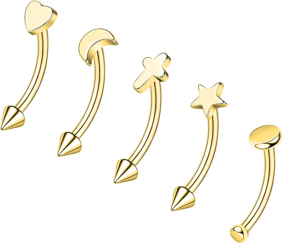 5 stuks roestvrijstalen wenkbrauwringen, 16G gebogen buikringen, navel barbell helix daith tragus oorbellen spike verticale labret lip piercing sieraden