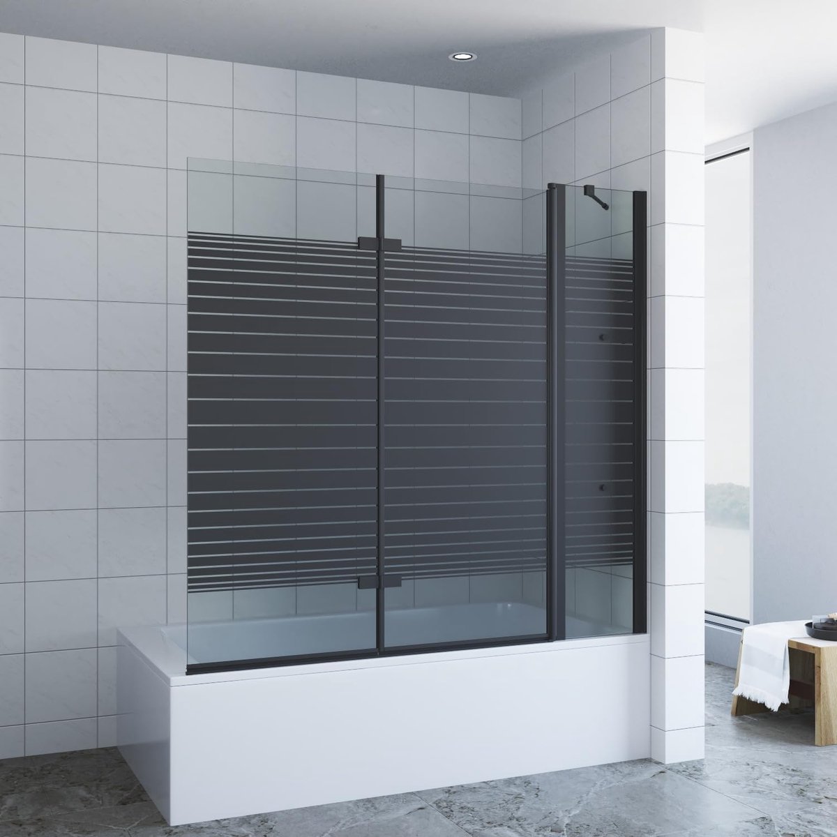 Doucheafscheiding, badkuip, 3-delig, opvouwbaar, douchewand, vouwwand, douchewand, glas, douche, vast deel met hoekplanken, 5 mm veiligheidsglas, zwart, 150 x 140 cm
