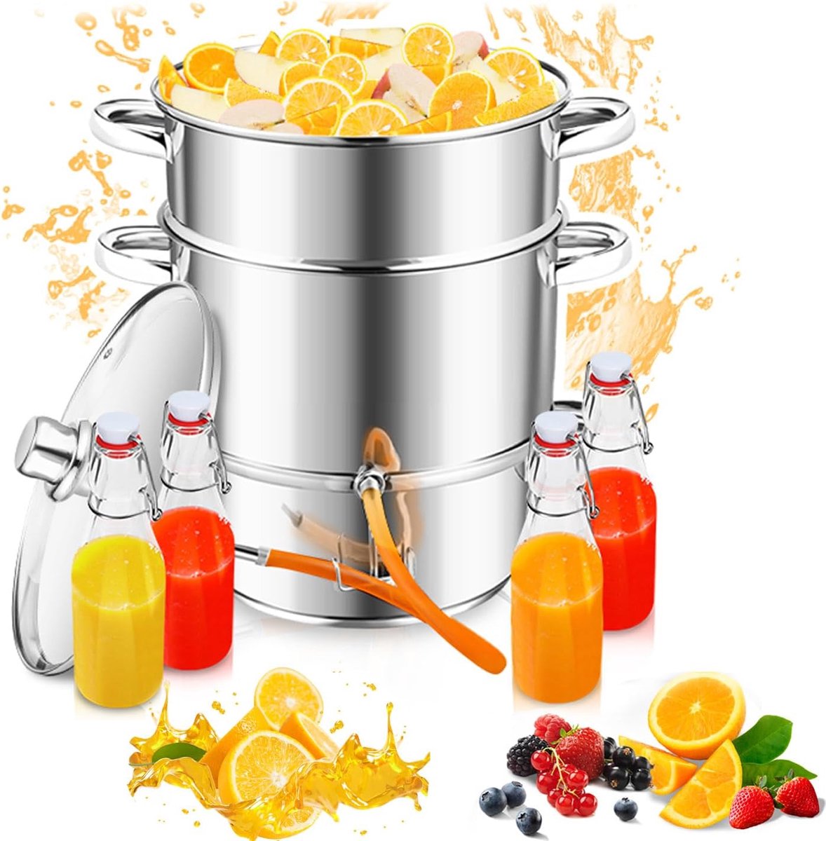 Stoompers van 16 liter, roestvrij staal, diameter 26 cm, fruitsapcentrifuge met 4 beugelflessen, ideaal voor sap en gelei, geschikt voor alle warmtebronnen