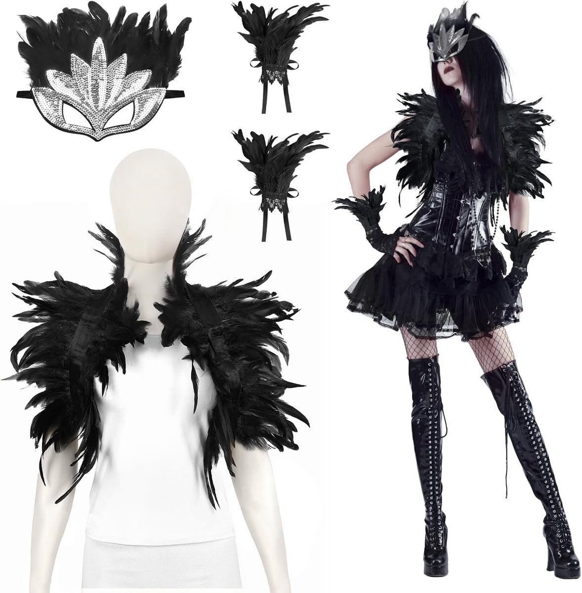 3 stuks Gothic veer-sjaal voor dames met veren Halloween schouderdoek Victoriaanse veren shrug Zwart veersjaal met veermanchet - Carnaval Halloweshow verkleedkleding