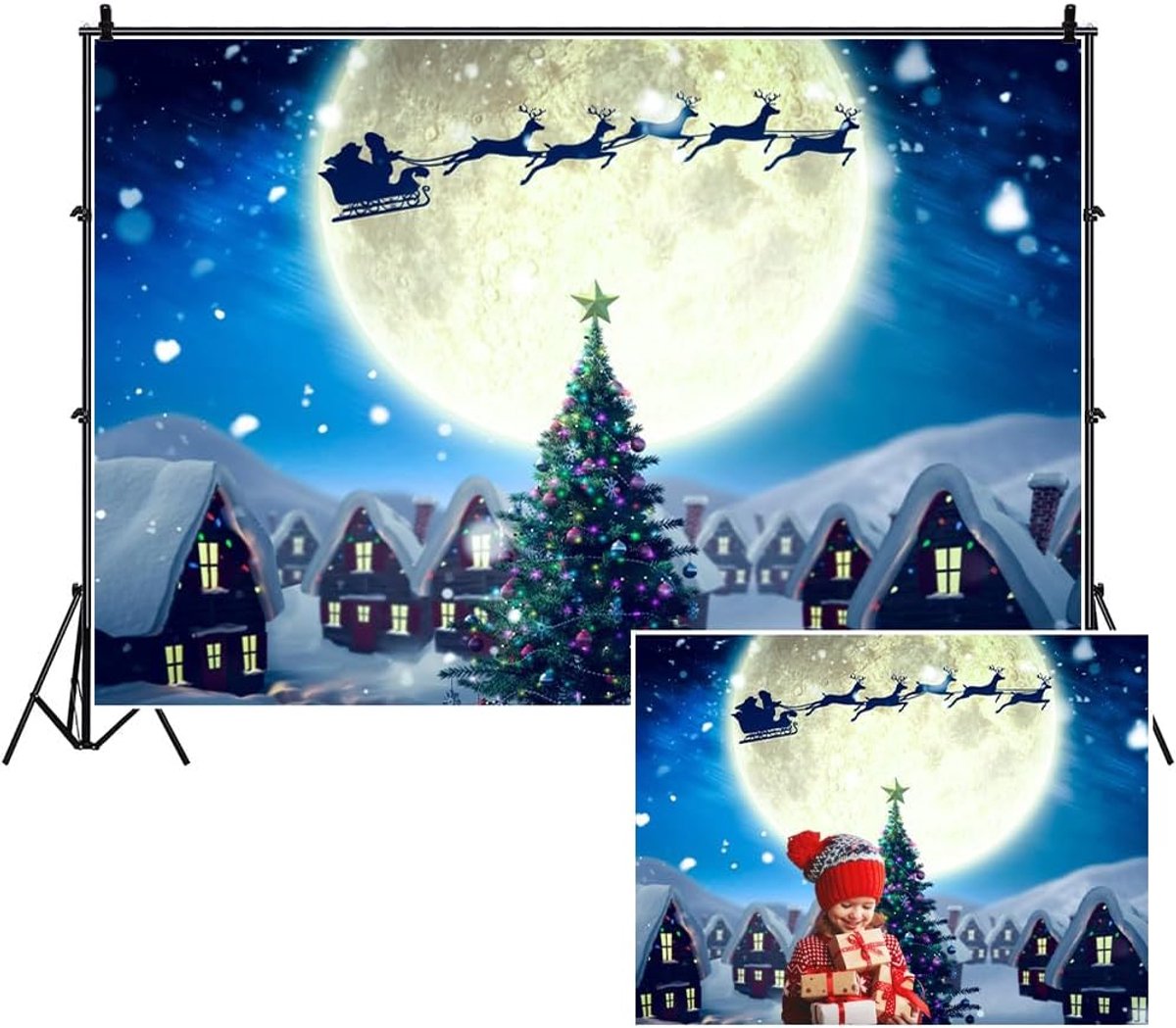7x5ft Kerstavond Polyester Achtergrond Vrolijk Kerstfeest Fotografie Achtergrond Sneeuw Winter Maan Nacht Kerstman Slee Elk Bos Gelukkig Nieuwjaar Party Banner Kinderen Volwassen Fotostudio