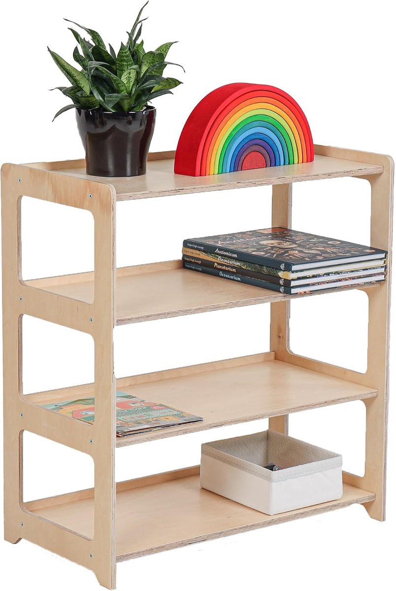 Rek voor kinderkamer, hout, speelgoedplank voor kinderen, kinderkamerplank met 4 planken, boekenkoffer voor kinderen, speelgoedorganizer, opbergplank voor kinderkamer, massief hout, 75 x 40