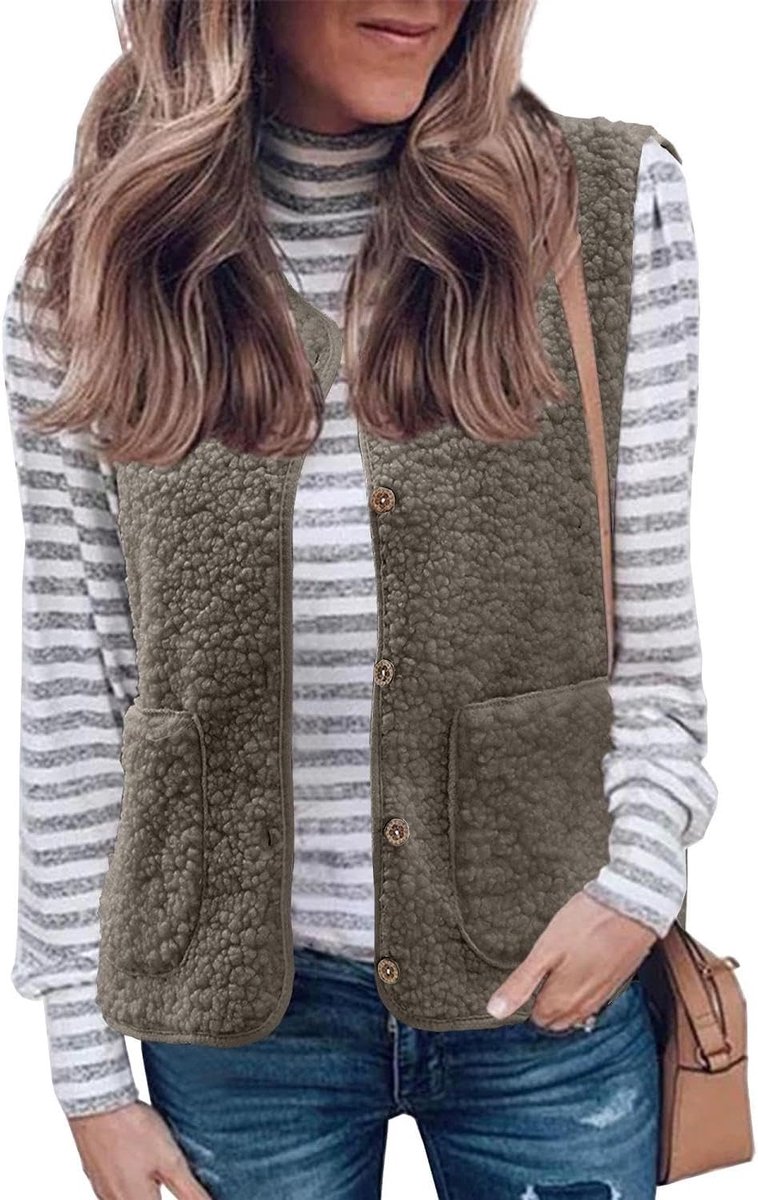 fleece vest dames herfst winter warm mouwloos vest casual pluche vest kort effen V-hals knopen fleece vest effen pluche vest teddyvest outwear thermovest