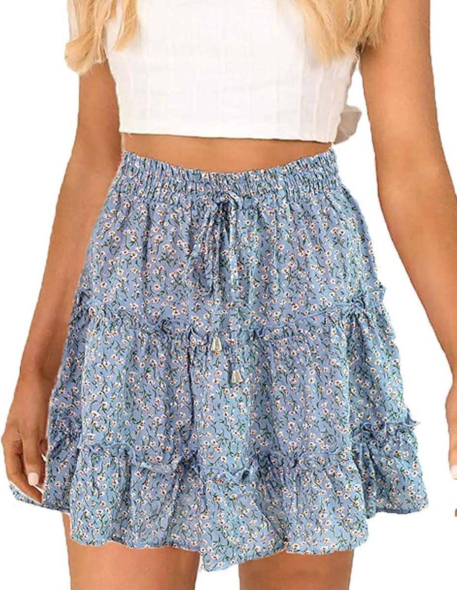 Dames plissé, kort, boho, zomerrok, elastiek, hoge taille, vakantie, strand, rok, trekkoord, ruches, bloemen, minirok
