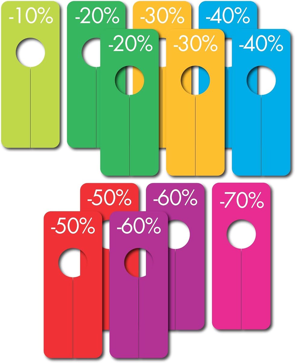 12 scheidingswanden 20 x 8 cm – gat Ø 4 cm – etiketten van karton – verschillende kleuren – 10% 20% 30% 40% 50% 60% 70%