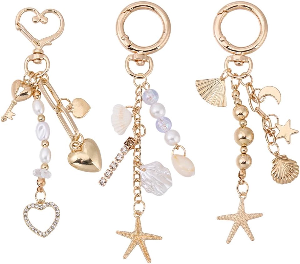 3 Stks Gouden Strandtas Sleutelhanger Leuke Zeester Parel Zeeschelp Portemonnee Charms Parel Kralen Sleutelhanger Charms voor Rugzakken Portefeuilles Lunch Dozen Zomer Reizen Geschenken voor