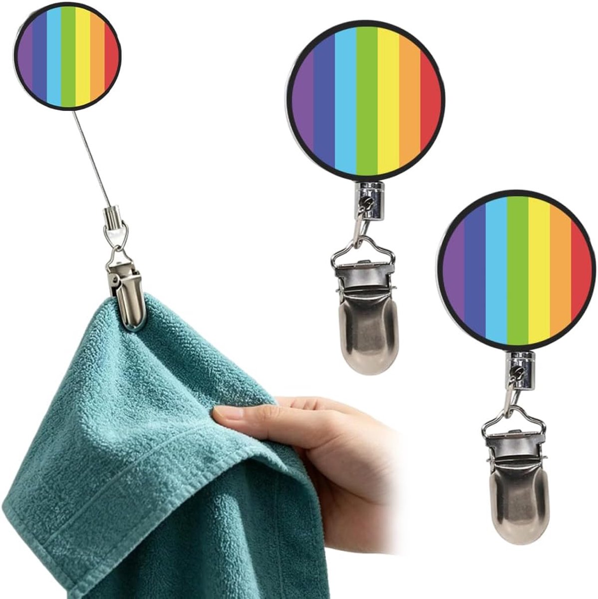 2 stuks handdoekclips, metalen keukenhanddoekclips met uittrekbaar touw, zelfklevend, zonder boren, handdoekhanger, regenboogkleuren, voor keuken, badkamer, camper organisatie (B)