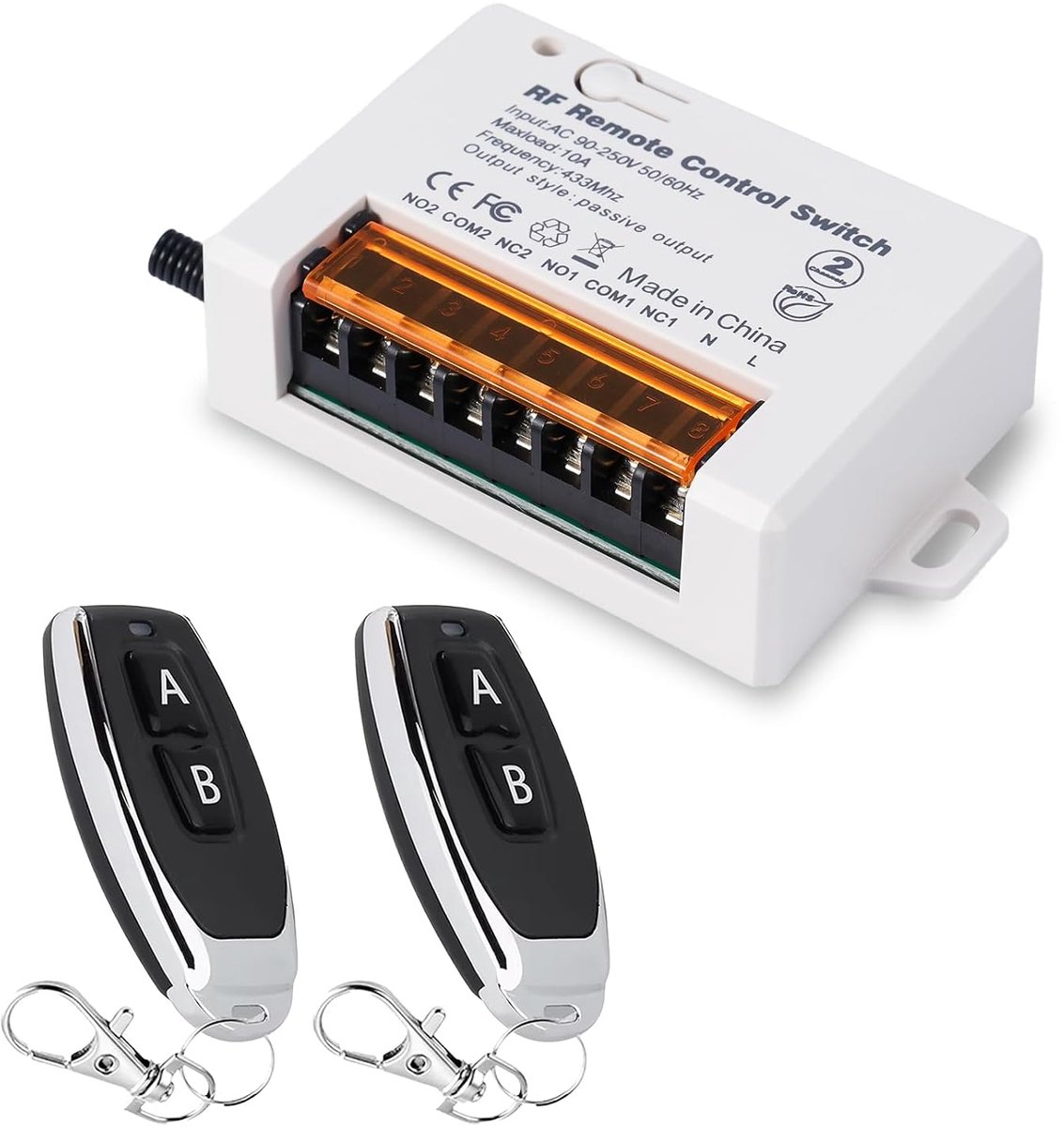 Draadloze afstandsbediening, schakelaar, 433 MHz, met 2 zenders, AC 220 V -240 V, 10 A, 2 kanaals relaisontvanger voor elektrisch gordijn, garagedeur, motor, licht, rolluiken