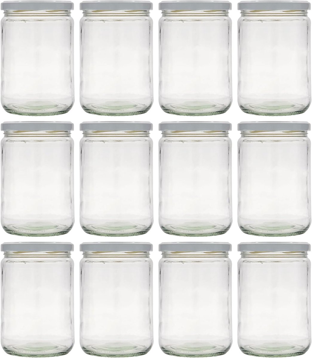 Set van 12 inmaakpotten, 580 ml, van helder glas, rond met wit deksel, ideaal voor inmaken, voorraad, keuken, opslag van levensmiddelen