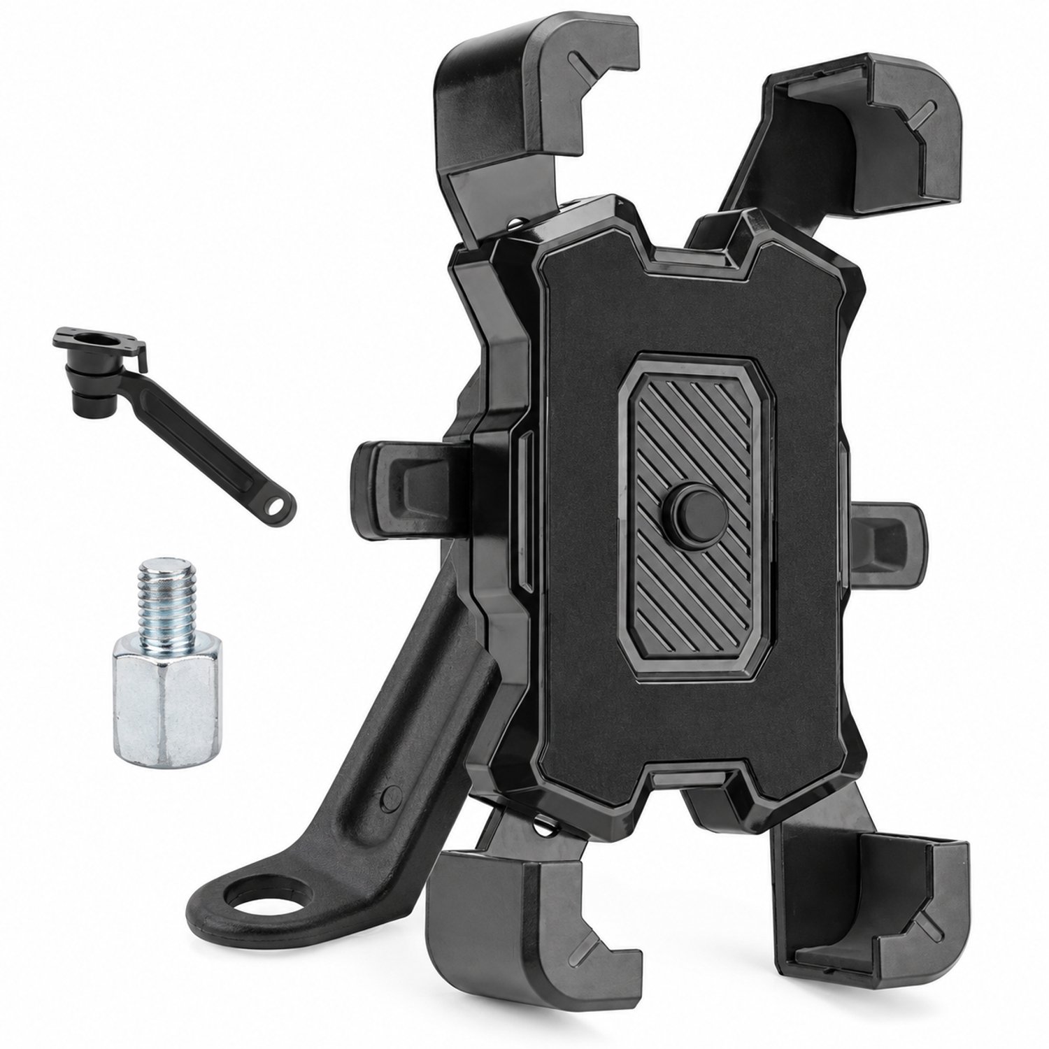 Zwarte telefoonhouder voor elektrische tweewielers met spiegelmontage en vierarmige klem voor telefoons van 4,8 tot 6,8 inch
