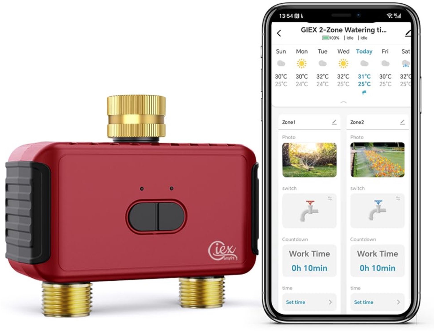WiFi bewateringstimer met 2 zones, slimme tuinirrigatiecontroller voor tuinslangen, compatibel met en