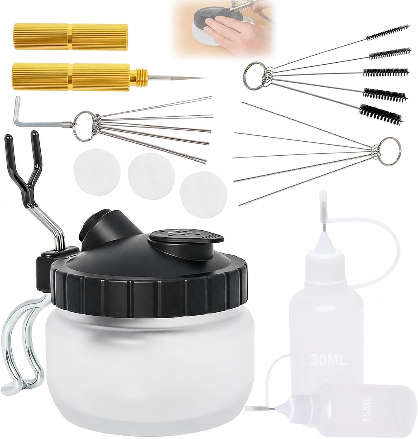 Airbrush reinigingsset met 30 ml en 15 ml flessen - multifunctioneel reinigingsglas - voorkomt spatwater - Vemera