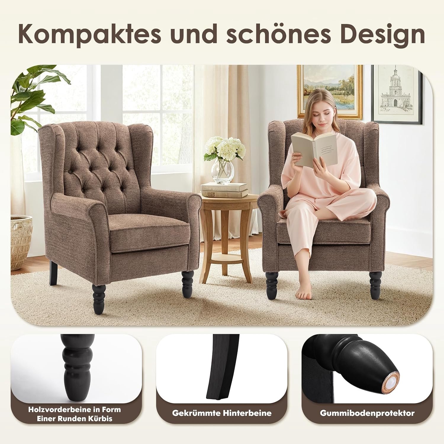 Mid-Century Fauteuil Liva – Bruine Chenille Oorfauteuil met Gecapitonneerde Rugleuning, Hoge Rug, Comfortabele Zitting en Massief Rubberhouten Poten, Retro Design, 78,2 x 75 x 95 cm – Novihome