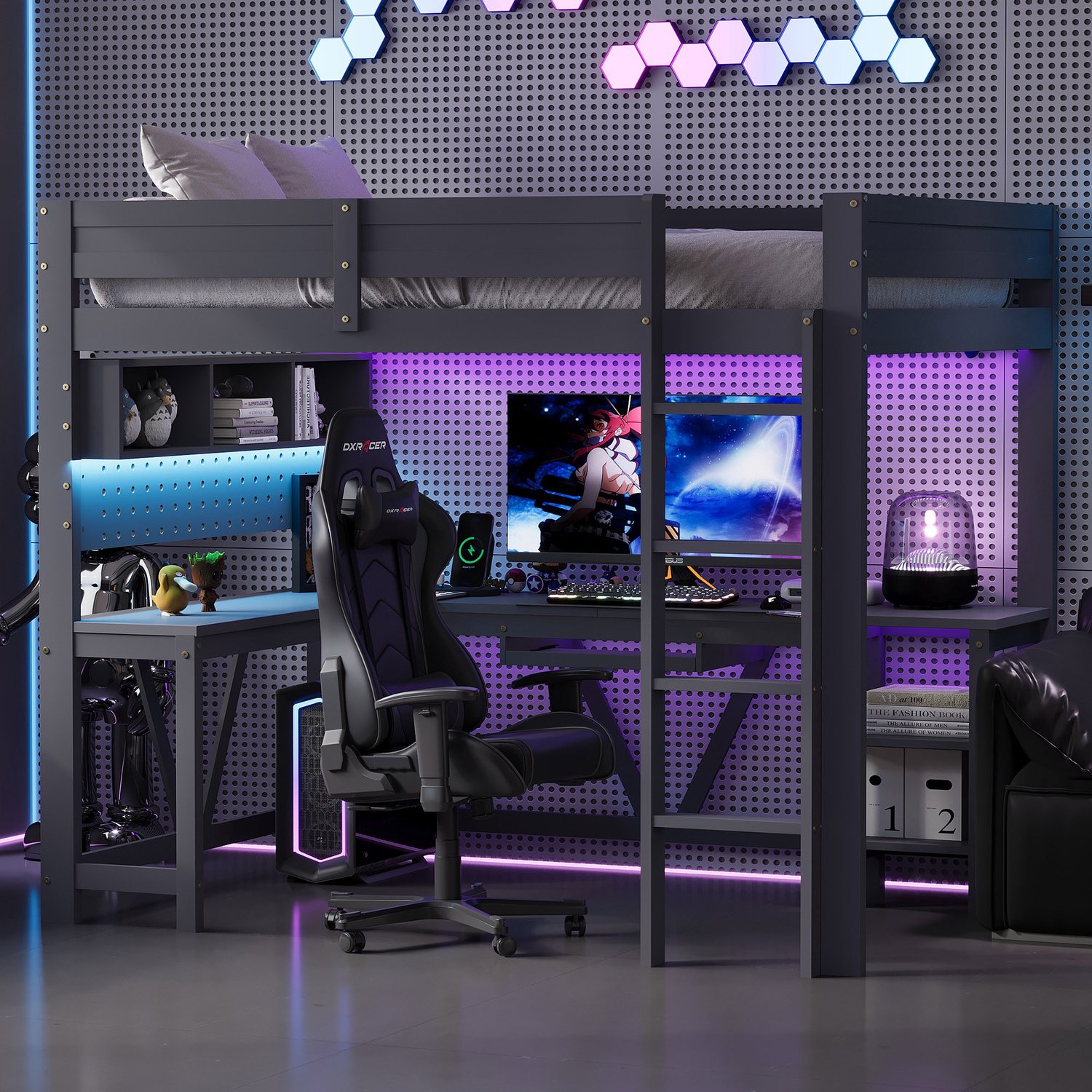 Kinderbed, Eenpersoonsbed, 90 x 200 cm grote gaming-hoogslaper van hout met bureau, opbergvakken, LED-verlichting en laadstation, Grijs