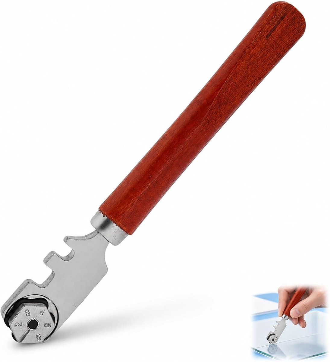 Glassnijder met 6 hardmetalen wielen, professioneel glassnijgereedschap, 130 mm, voor glas van 2 tot 5 mm, antislip houten handvat, voor spiegels, mozaïek, glazen tegels, glaswerk en knutselen