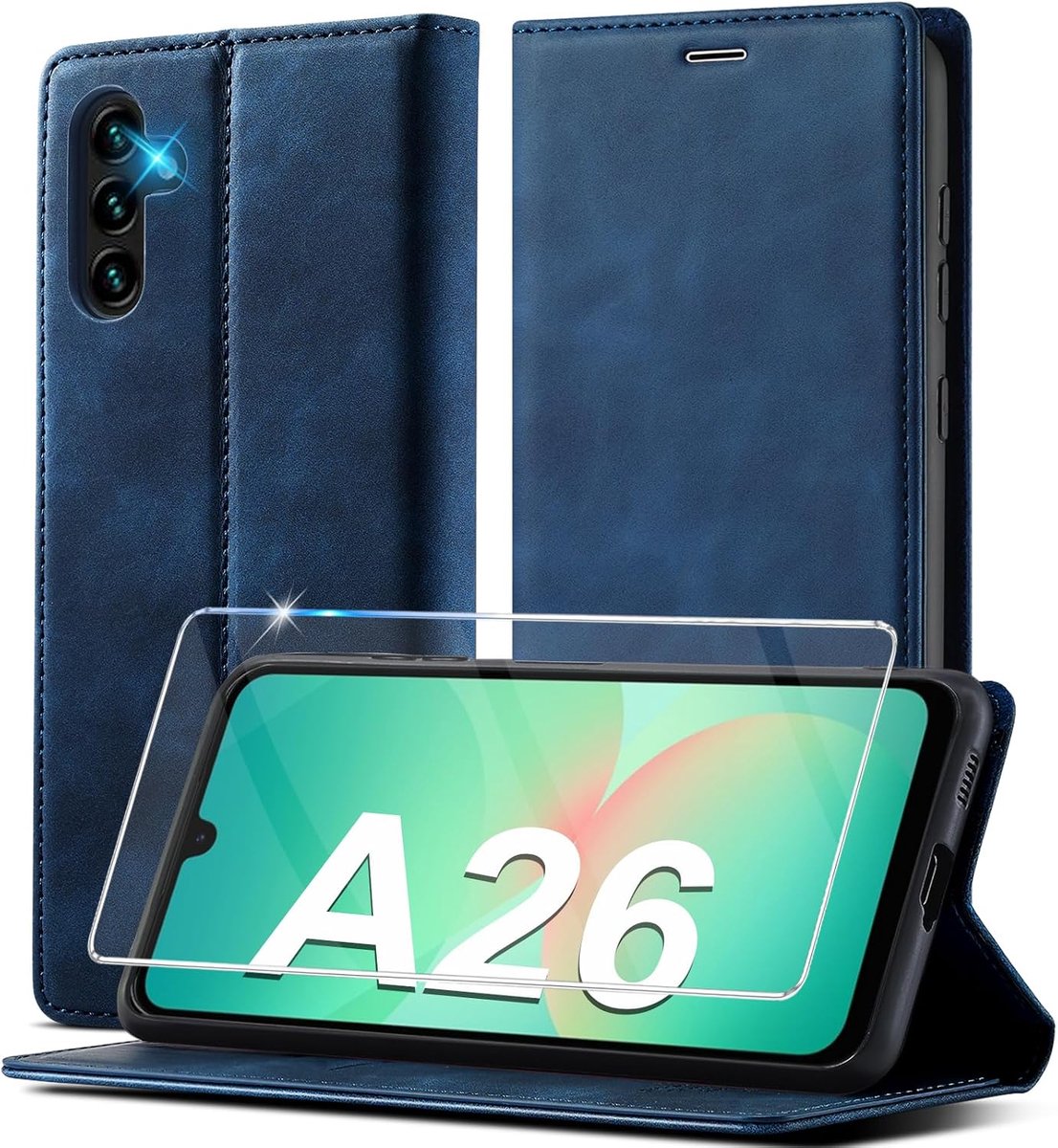 Leren klaphoesje voor Samsung Galaxy A26, met beschermfolie, inklapbaar, standfunctie, kaartenvak, portemonnee