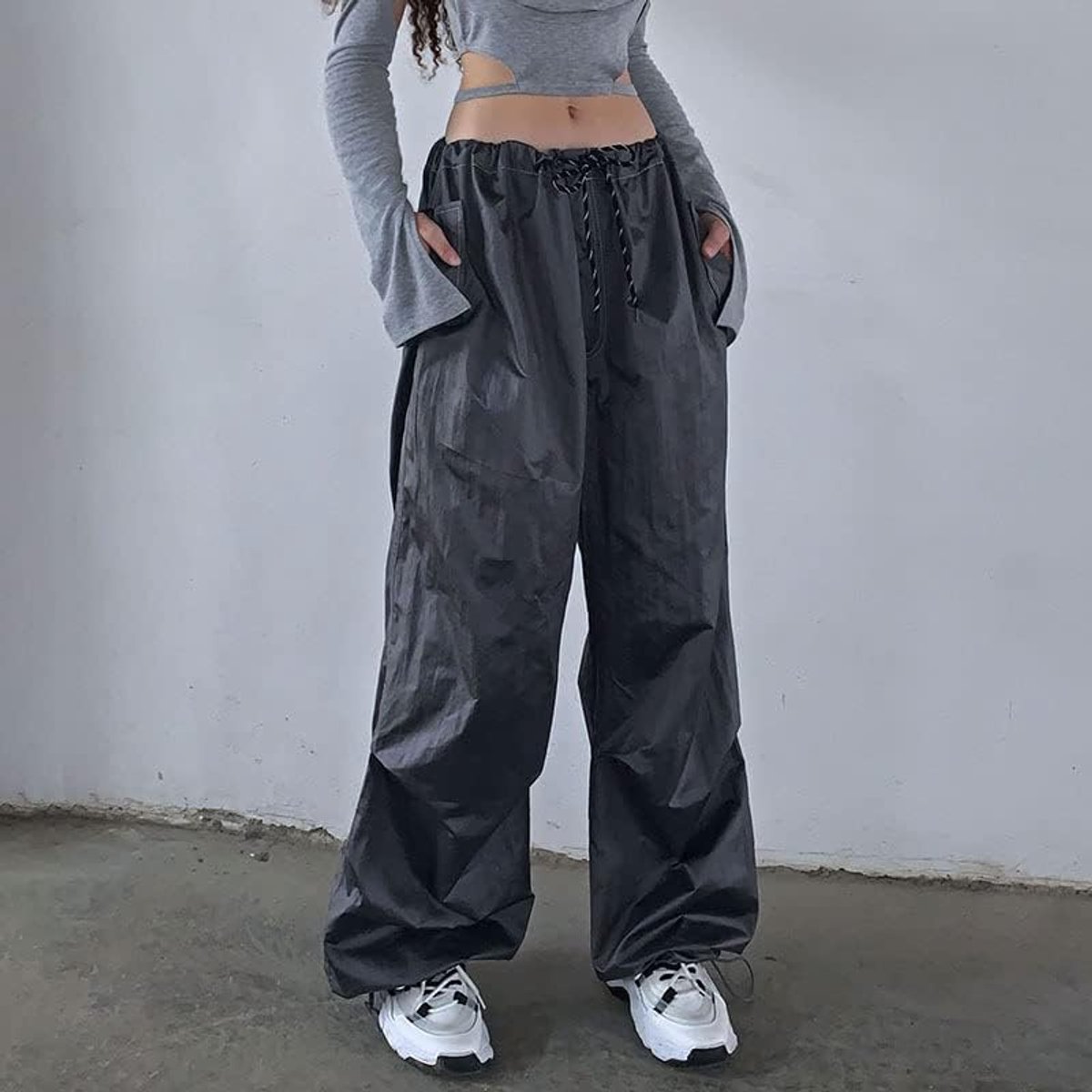 Broek Cargo Broek Voor Vrouwen Baggy Harajuku Lage Taille Y2K Broek Grunge Broek Trekkoord, Zwart, L