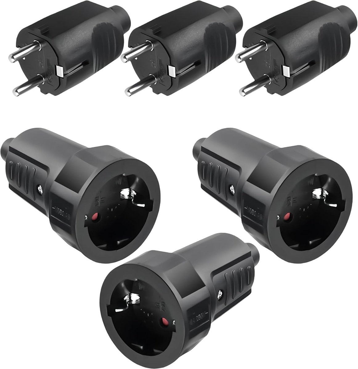 3 paar Schuko-stekkerkoppeling: Schuko-stekker voor buiten 250V 16A IP54 zonder kabel 2-polig buiten rubberkoppeling en waterdicht zwart Schuko-stekker