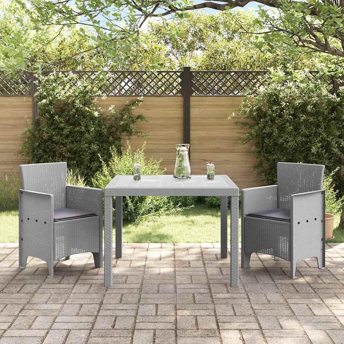 3-delige tuin-/eethoezenset met bekleding, lichtgrijs, polyrotan, eetgroep, outdoor tuinmeubelset voor terras, balkon, restaurant