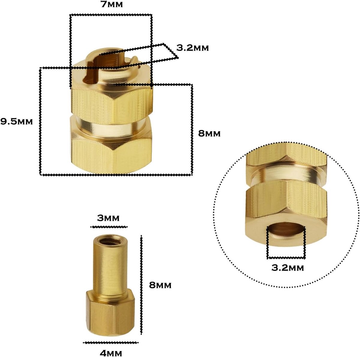4 stuks 7 mm messing zeskantige wielnaven en verlengingsadapter voor zeskantaandrijving, compatibel met axiale SCX24 AXI00001 AXI00002 AXI90081 RC Crawler Car