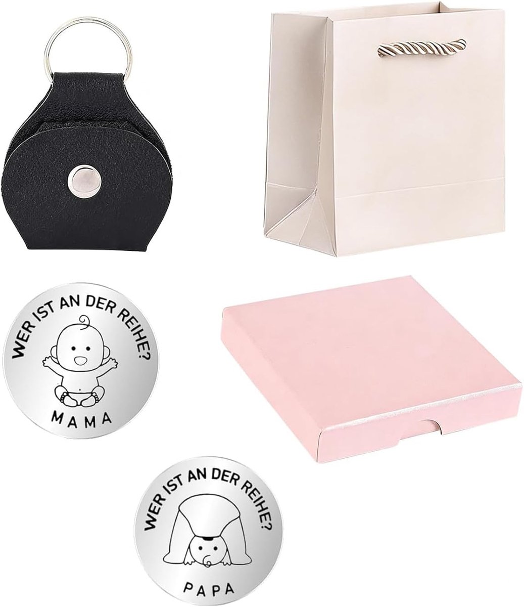 Beslissingsmunt voor Nieuwe Mama – Gemaakt van Roestvrij Staal – Cadeau voor Aankomende Ouders – Inclusief Lederen Beschermhoes, Roze Geschenkdoos en Witte Zak – Perfect voor Babyshower of G