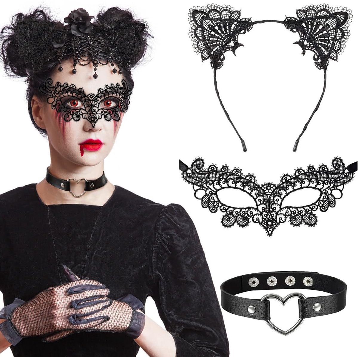 3 stuks haarband kattenoren halsketting Venetiaans masker voor dames, zwart sexy Catwoman masker kant met haarband voor haar kat halsband halskettingen voor cosplay-party, Halloween maskerade kostuum