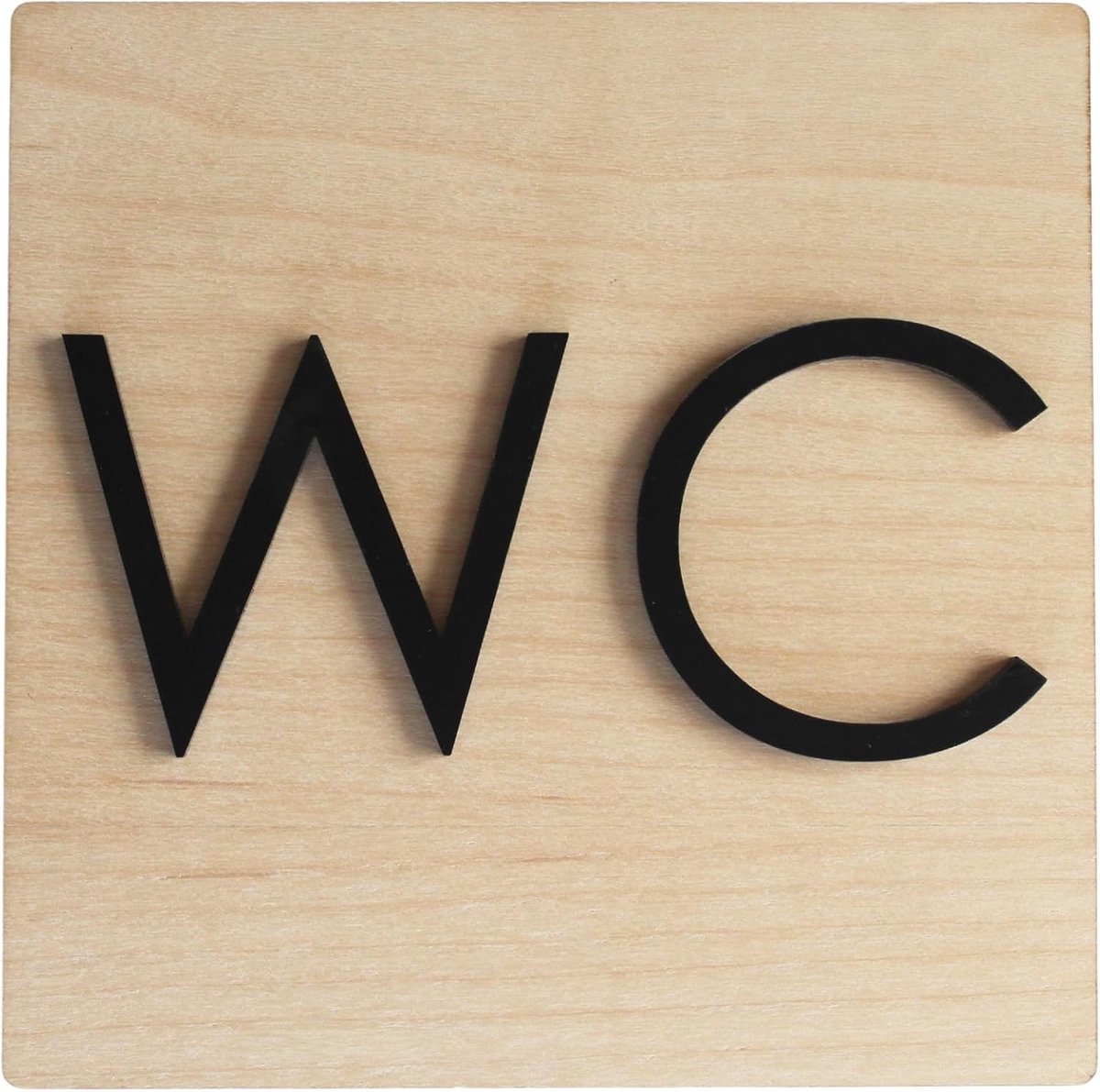 Badkamer/wc-bord van hout met letters van mat plexiglas, eenvoudige installatie met plakband
