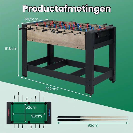 Tafelvoetbaltafel (122x60,5x81,5cm) en pooltafel (93x52cm) met afmetingen.