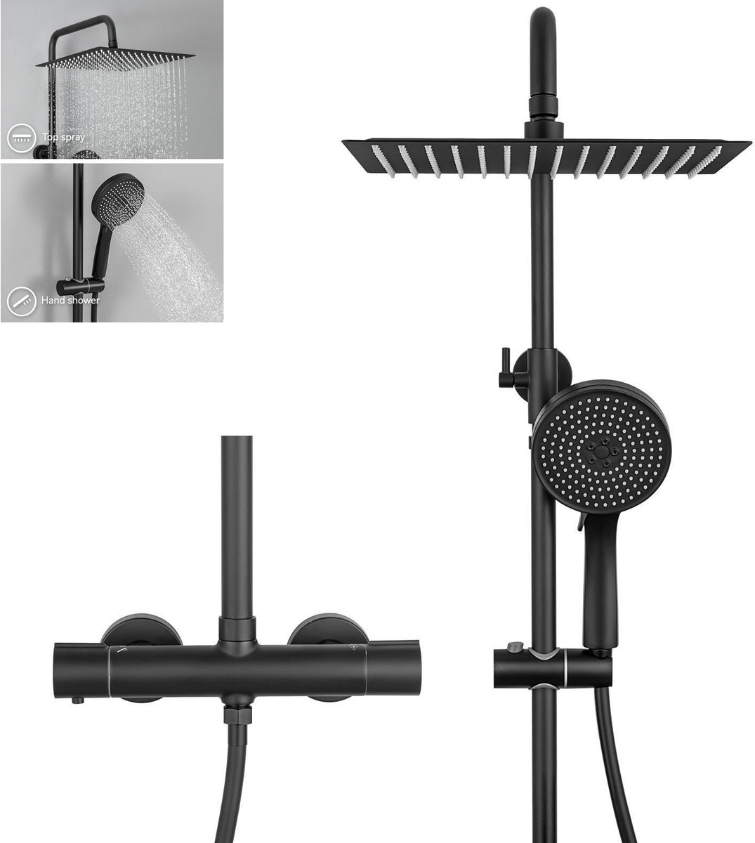 Auralum Max Regendouche met Thermostaatkraan - RVS Doucheset - Ø 30 cm Douchekop - Handdouche Met 5 standen - Inclusief Thermostatische Mengkraan - Waterbesparend - Zwart