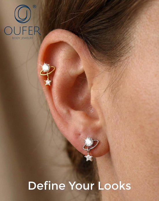 Body Piercing 16G Titanium Cartilage Earring Lip Stud Planet CZ with Star Dangle Internally Threaded Tragus Helix Labret Piercing Jewelry for Daily Party — afbeelding 4