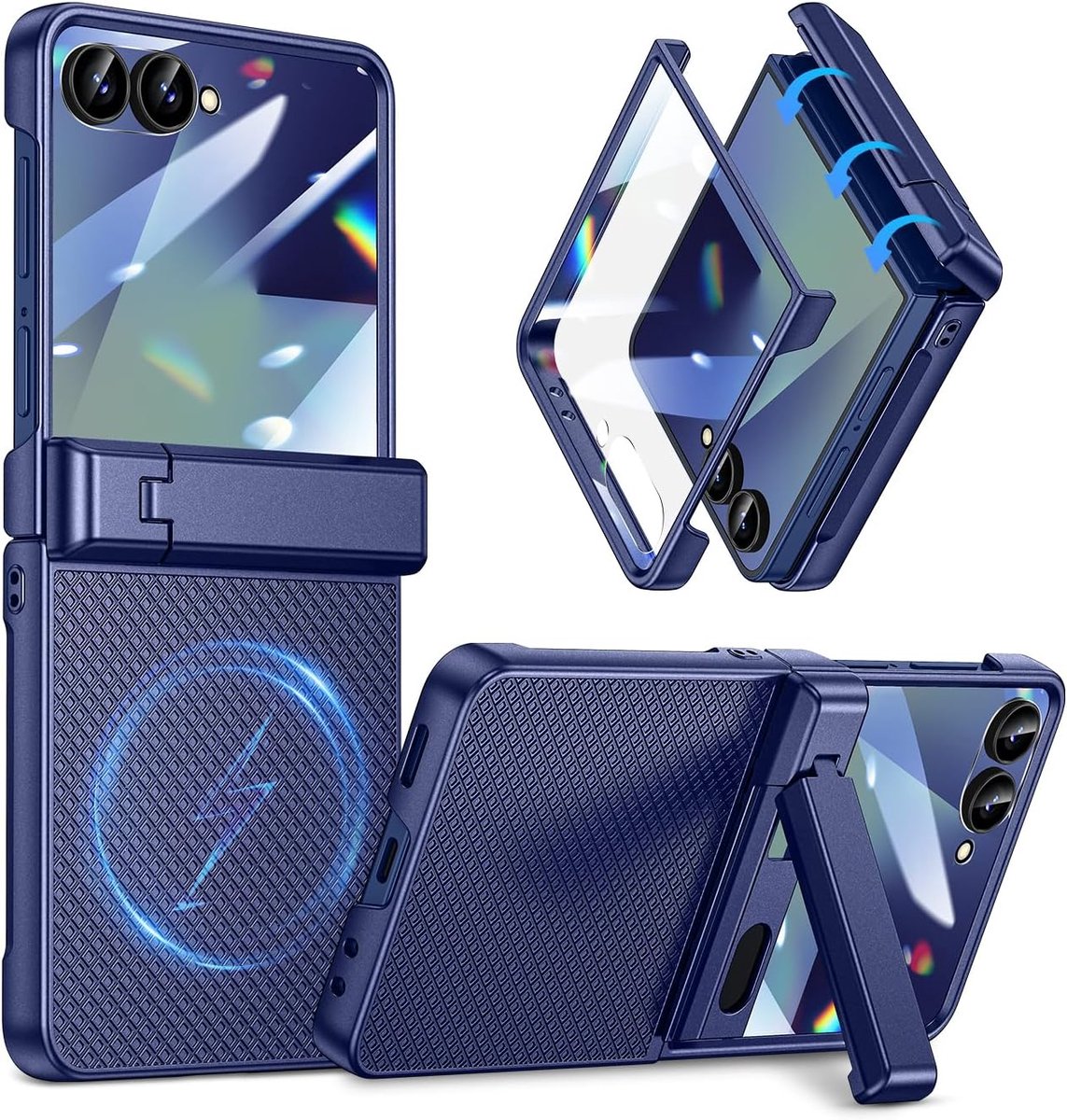 Hoesje voor Samsung Galaxy Z Flip 7, ingebouwde schermbeschermer, [Compatibel met Mag-Safe] met verborgen standaard en scharnierbescherming, schokbestendig, getextureerde magnetische hoes