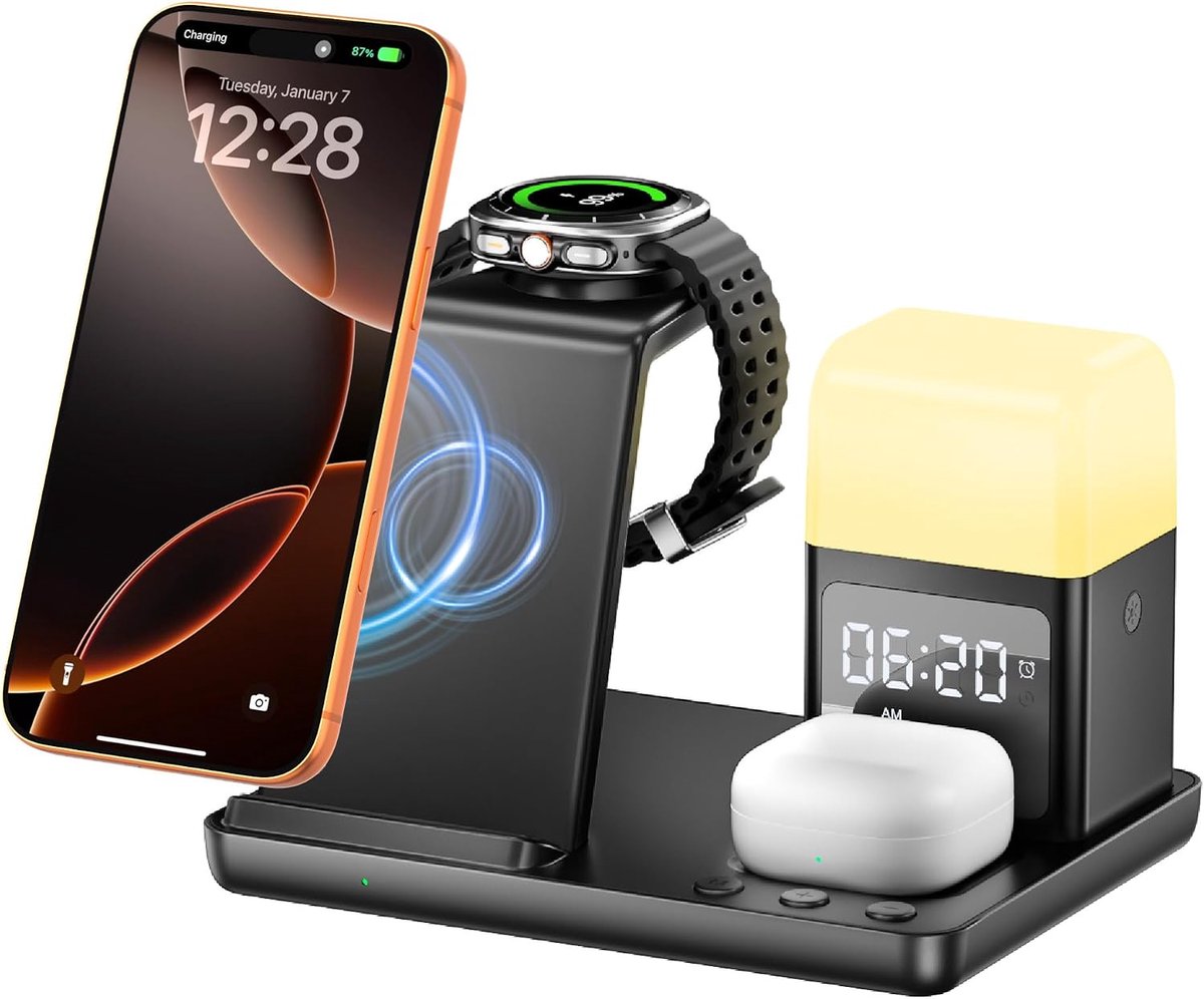 6-in-1 inductieve laadstation - 15W draadloos oplader met wekker en nachtlampje - draadloos oplader geschikt voor Galaxy S25/24/Galaxy Buds 3/Galaxy Watch, Phone 16/15/EarPods 4/