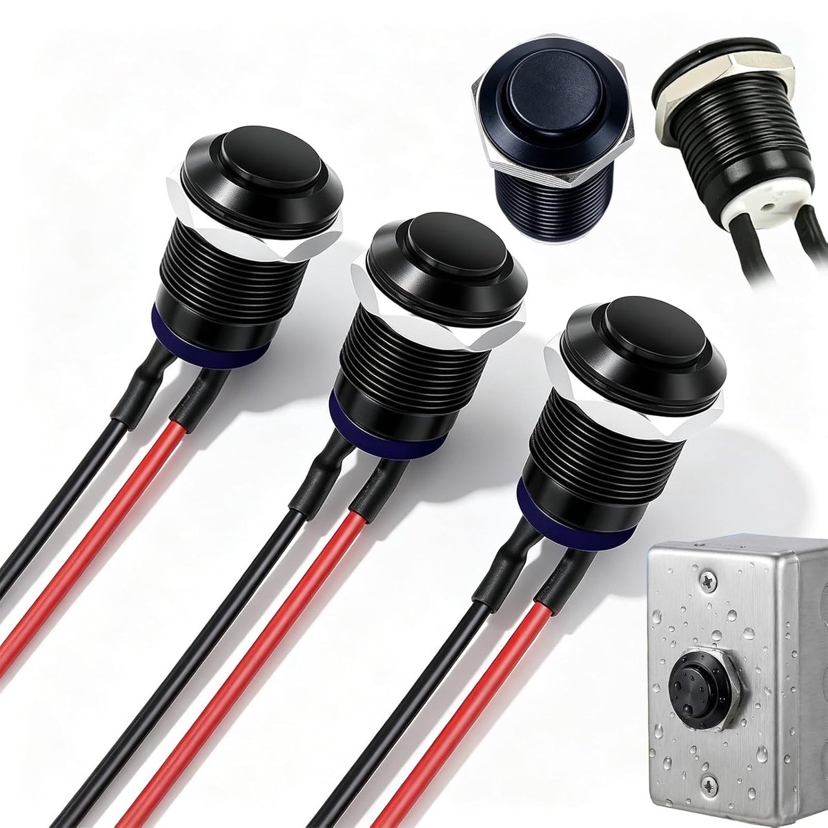 3 stuks 12V drukschakelaar, voorbedraad IP65 waterdichte drukschakelaar met vergrendeling, zelfvergrendelende aluminiumlegering drukknop, AAN-UIT, 12mm, 2A, compatibel met 12V/24V/125V/250VAC