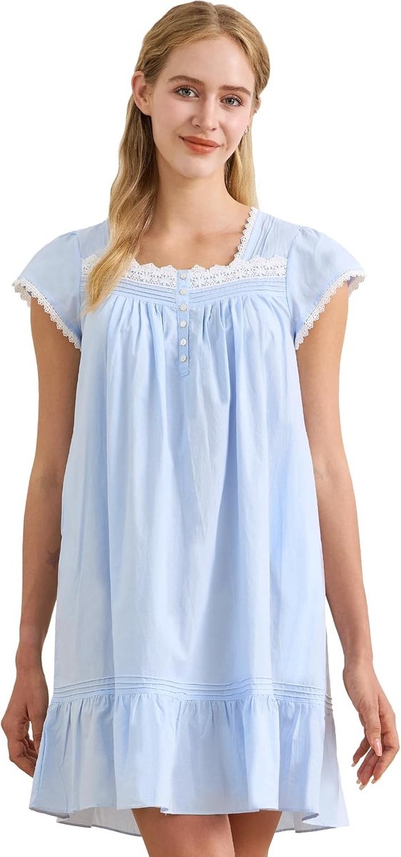 Zomerse Katoenen Nachtjapon voor Dames met Vintage Kant en Korte Mouwen - Comfortabel en Ademend Slapen