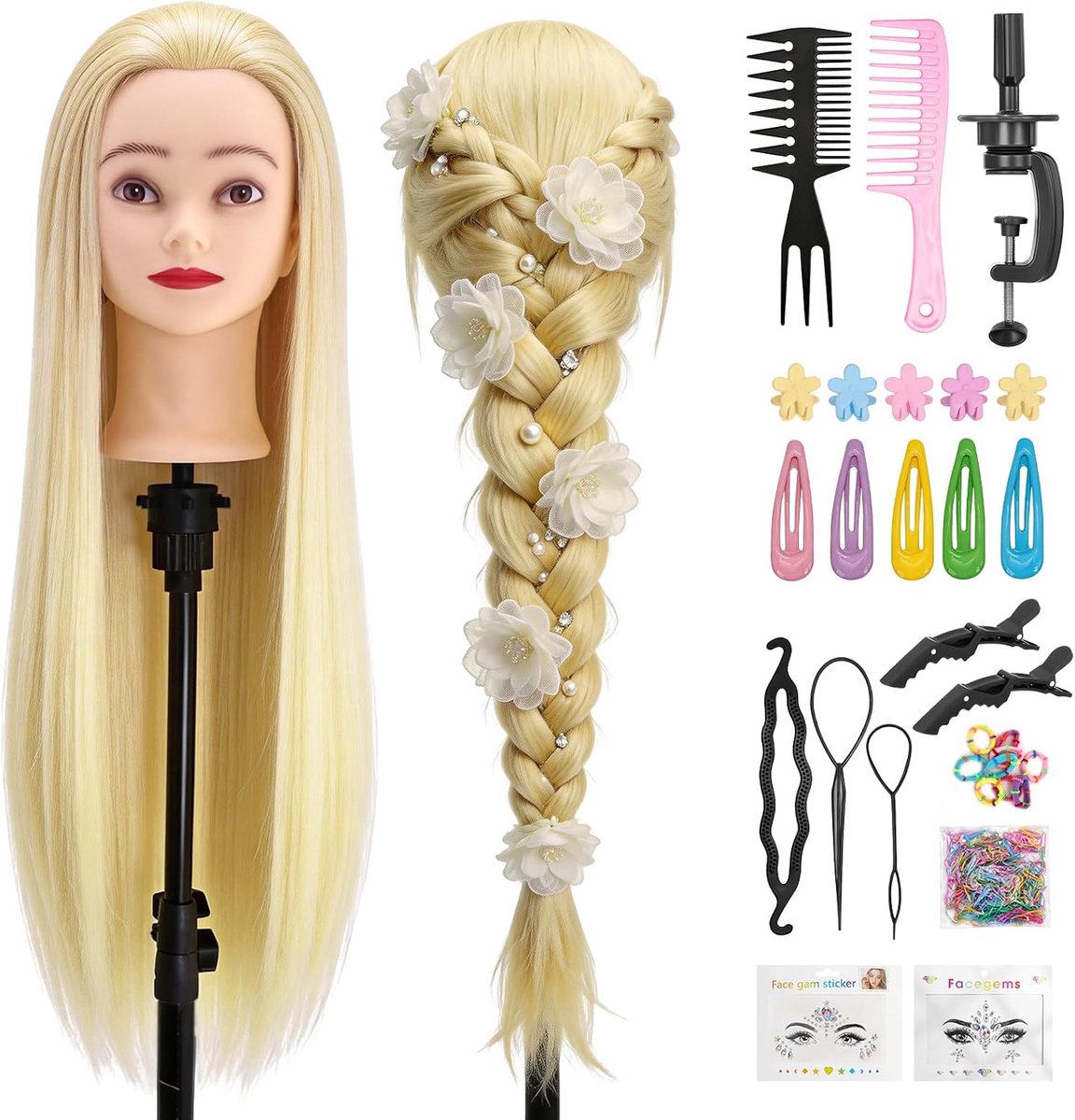 71-74 cm kappershoofd met oorgaten, 100% synthetische vezelhaar, styling hoofd, kappershoofd, mannequinhoofd met tafelklem + doe-het-zelf vlechtset (beige)